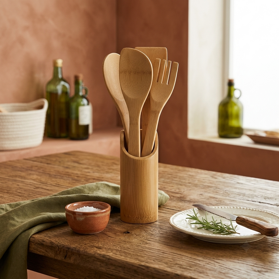 Conjunto de Utensílios em Bambu com Porta-Utensílios