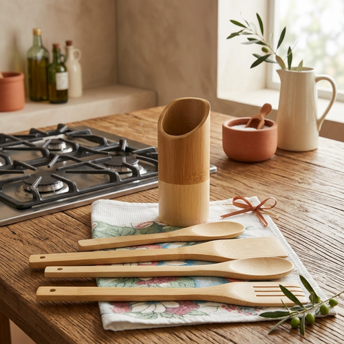 Conjunto de Utensílios em Bambu com Porta-Utensílios